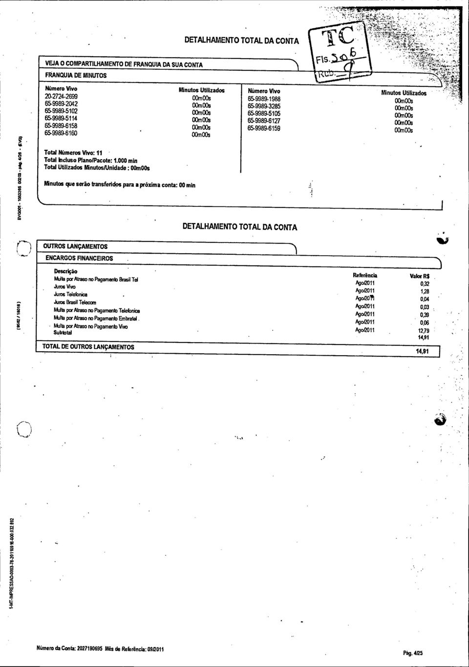 000 min Total Utilizados Minutos/Unidade : Minutos que serão transferidos para a próxima conta: 00 min 5 DETALHAMENTO TOTAL DA CONTA OUTROS LANÇAMENTOS ENCARGOS FINANCEIROS ' ' i Descrição Multa por