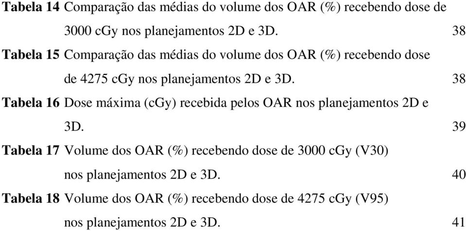 38 Tabela 16 Dose máxima (cgy) recebida pelos OAR nos planejamentos 2D e 3D.