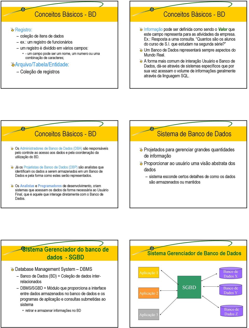 Básicos - BD Informação pode ser definida como sendo o Valor que este campo representa para as atividades da empresa. Ex.: Resposta a uma consulta. Quantos são os alunos do curso de S.I. que estudam na segunda série?