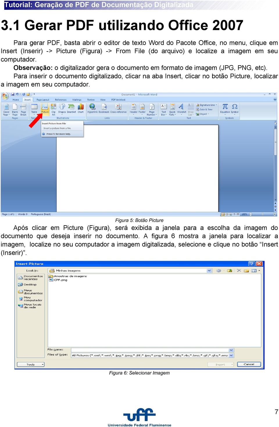 Para inserir o documento digitalizado, clicar na aba Insert, clicar no botão Picture, localizar a imagem em seu computador.