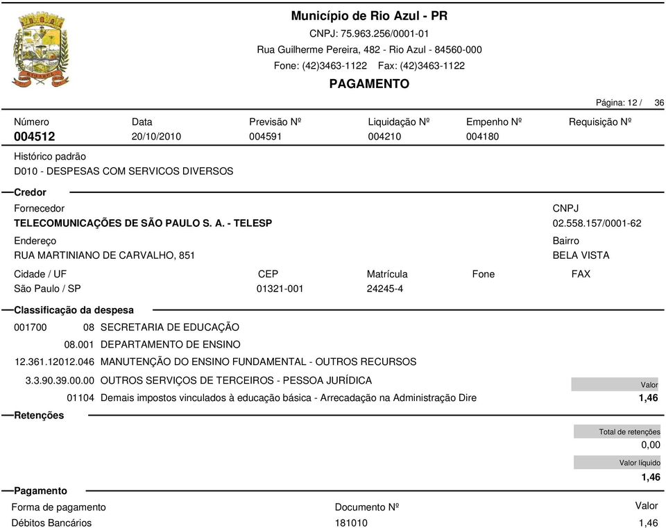 157/0001-62 001700 08 SECRETARIA DE EDUCAÇÃO 08.001 DEPARTAMENTO DE ENSINO 12.361.12012.