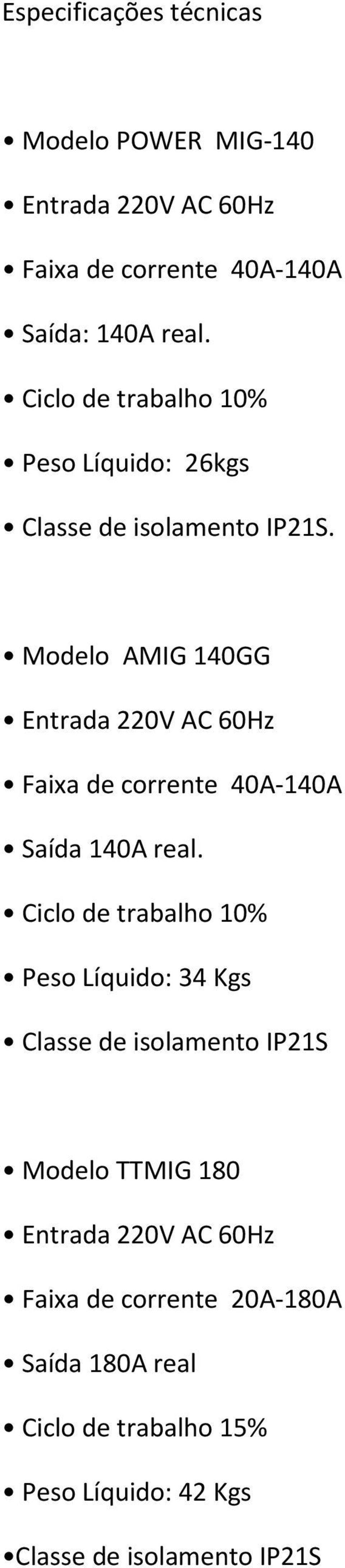 Modelo AMIG 140GG Entrada 220V AC 60Hz Faixa de corrente 40A-140A Saída 140A real.