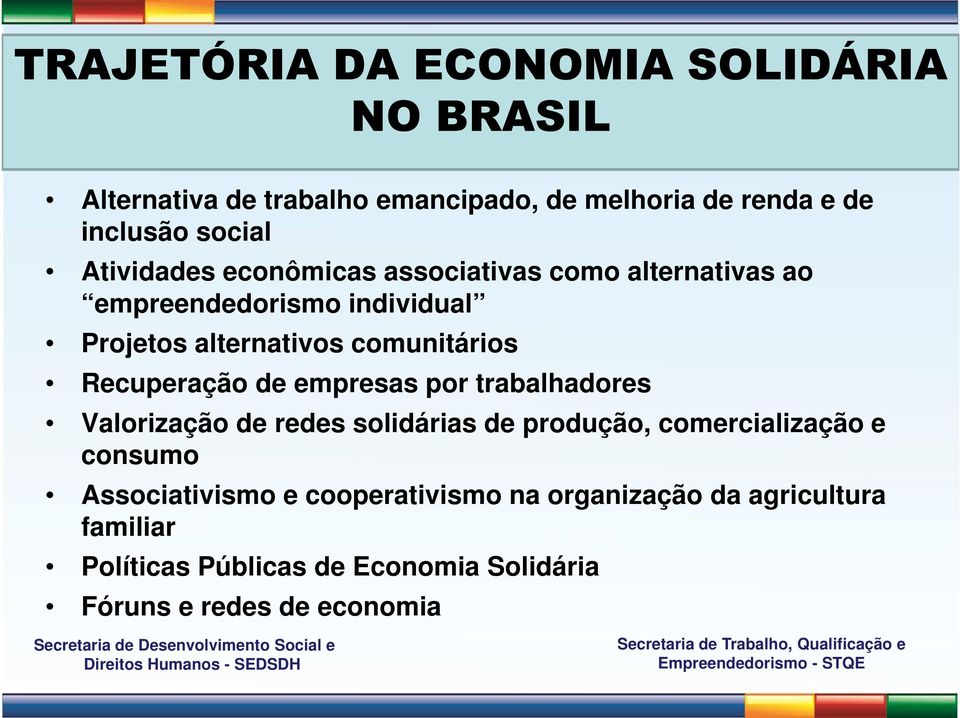 Recuperação de empresas por trabalhadores Valorização de redes solidárias de produção, comercialização e consumo