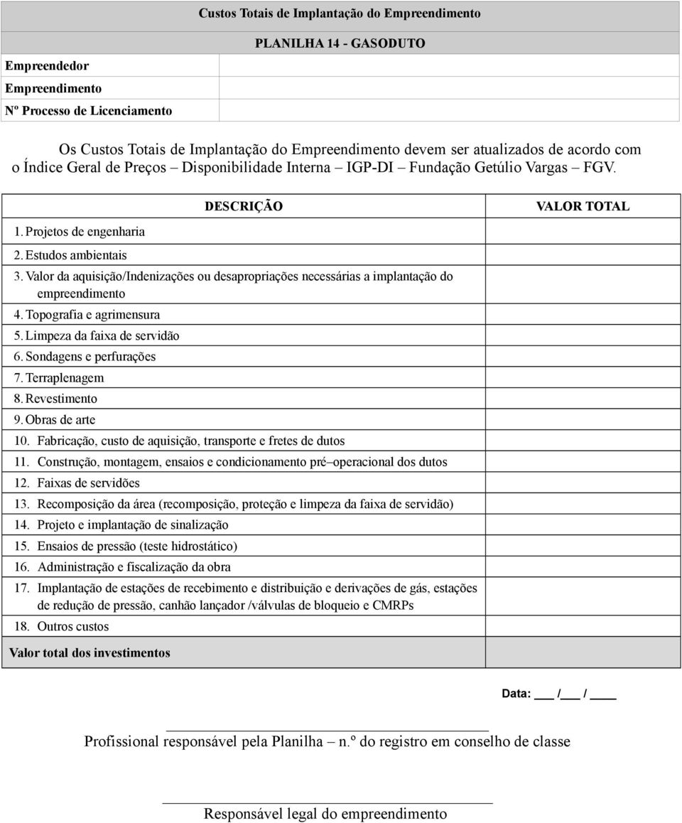 Terraplenagem 8. Revestimento 9. Obras de arte 10. Fabricação, custo de aquisição, transporte e fretes de dutos 11. Construção, montagem, ensaios e condicionamento pré operacional dos dutos 12.