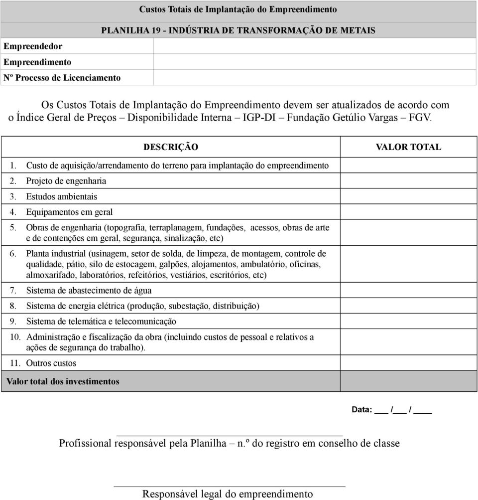 Planta industrial (usinagem, setor de solda, de limpeza, de montagem, controle de qualidade, pátio, silo de estocagem, galpões, alojamentos, ambulatório, oficinas, almoxarifado, laboratórios,