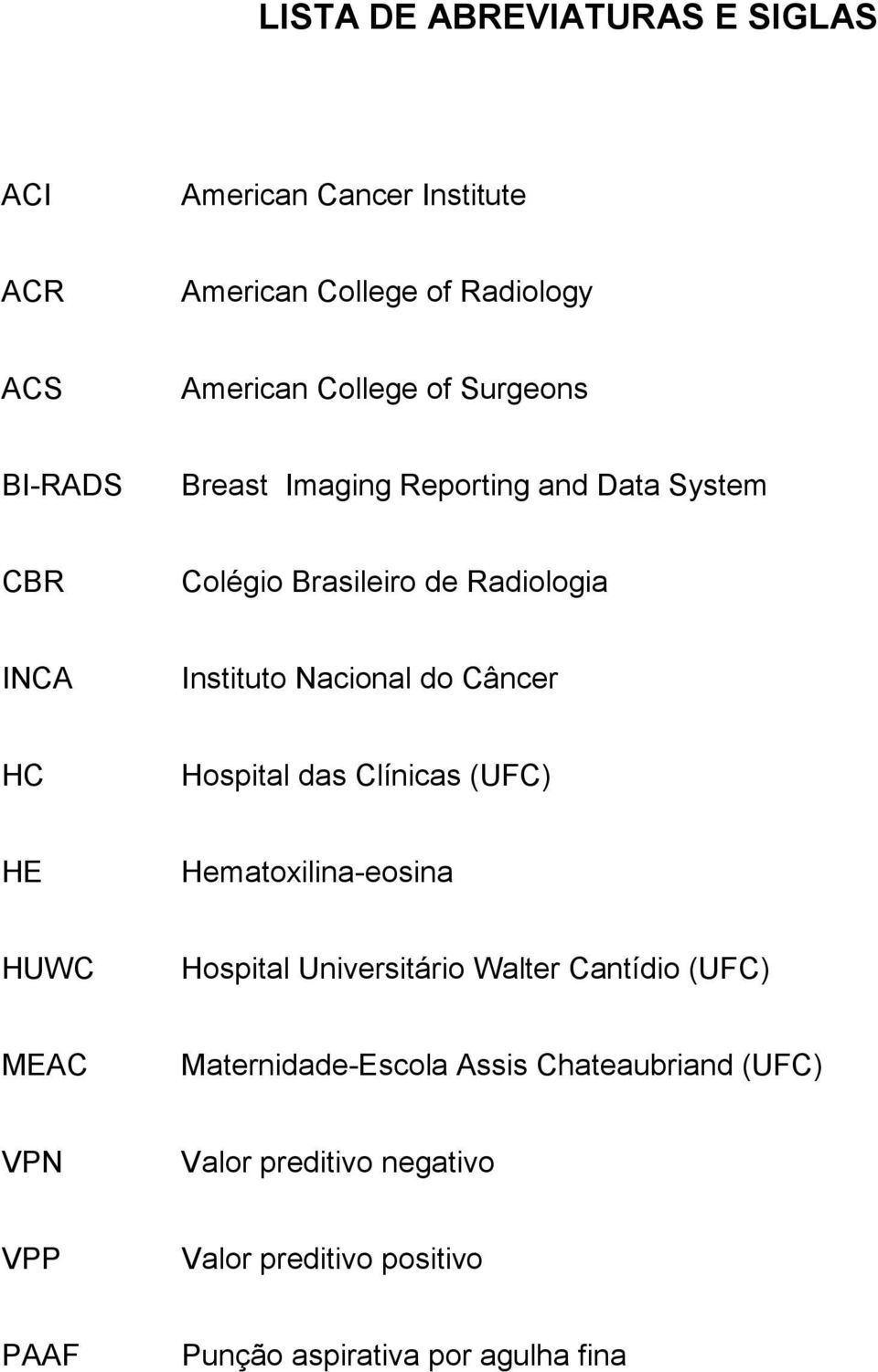 Câncer HC Hospital das Clínicas (UFC) HE Hematoxilina-eosina HUWC Hospital Universitário Walter Cantídio (UFC) MEAC
