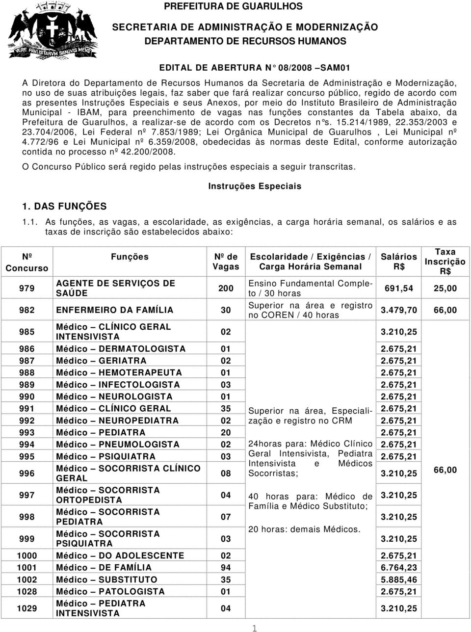 meio do Instituto Brasileiro de Administração Municipal - IBAM, para preenchimento de vagas nas funções constantes da Tabela abaixo, da Prefeitura de Guarulhos, a realizar-se de acordo com os