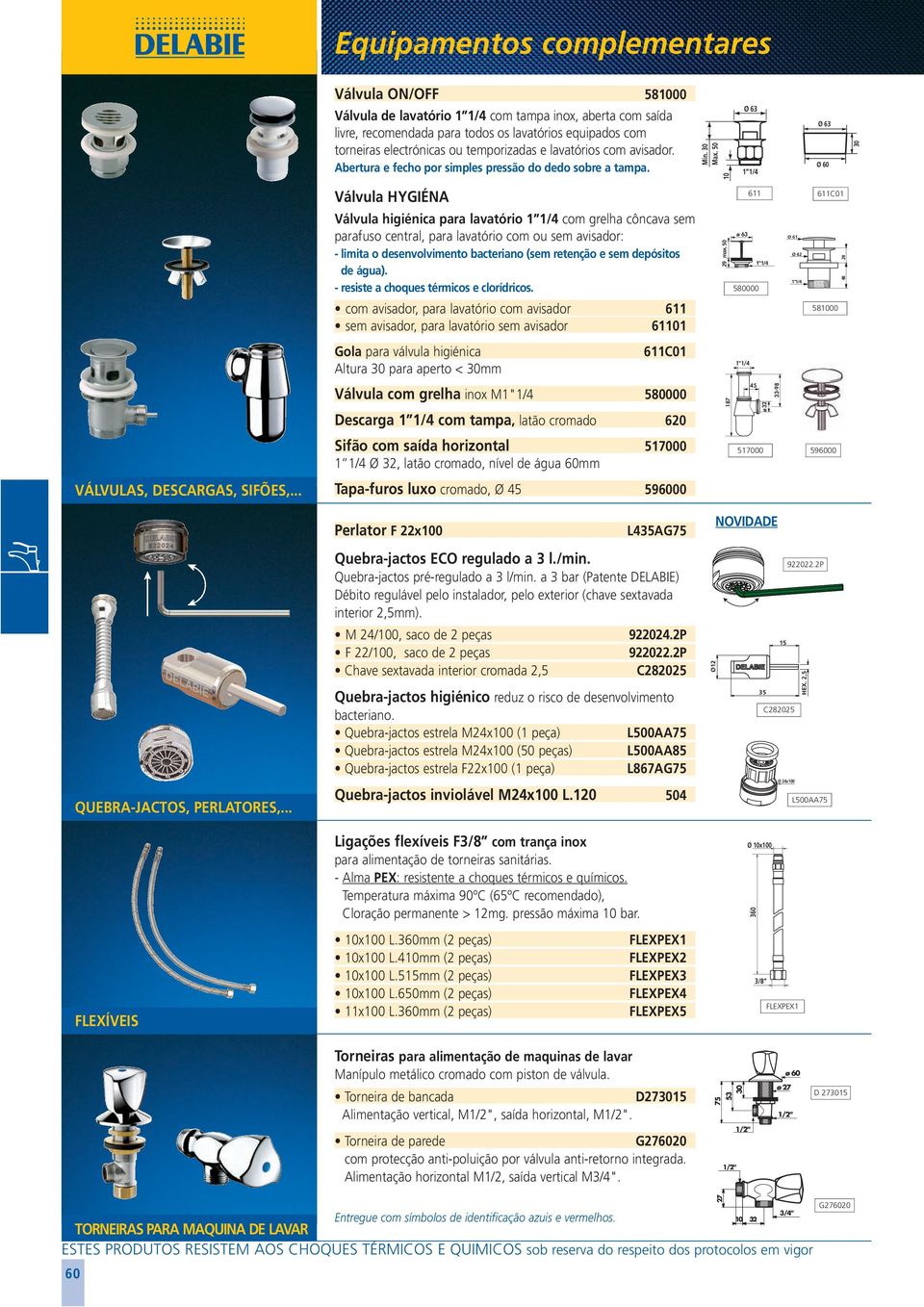 50 10 1 1/4 Ø 60 30 Válvula HYGIÉNA 611 611C01 Válvula higiénica para lavatório 1 1/4 com grelha côncava sem parafuso central, para lavatório com ou sem avisador: - limita o desenvolvimento