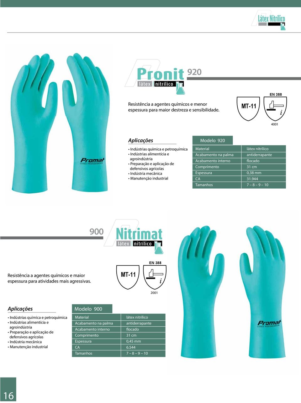 interno Espessura látex nitrílico antiderrapante flocado 31 cm 0,38 mm 31.944 900 Resistência a agentes químicos e maior espessura para atividades mais agressivas.