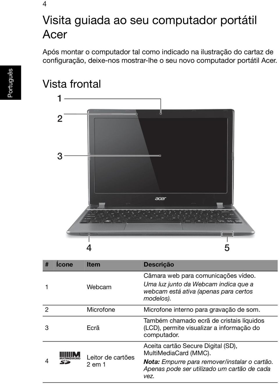 Uma luz junto da Webcam indica que a webcam está ativa (apenas para certos modelos). 2 Microfone Microfone interno para gravação de som.