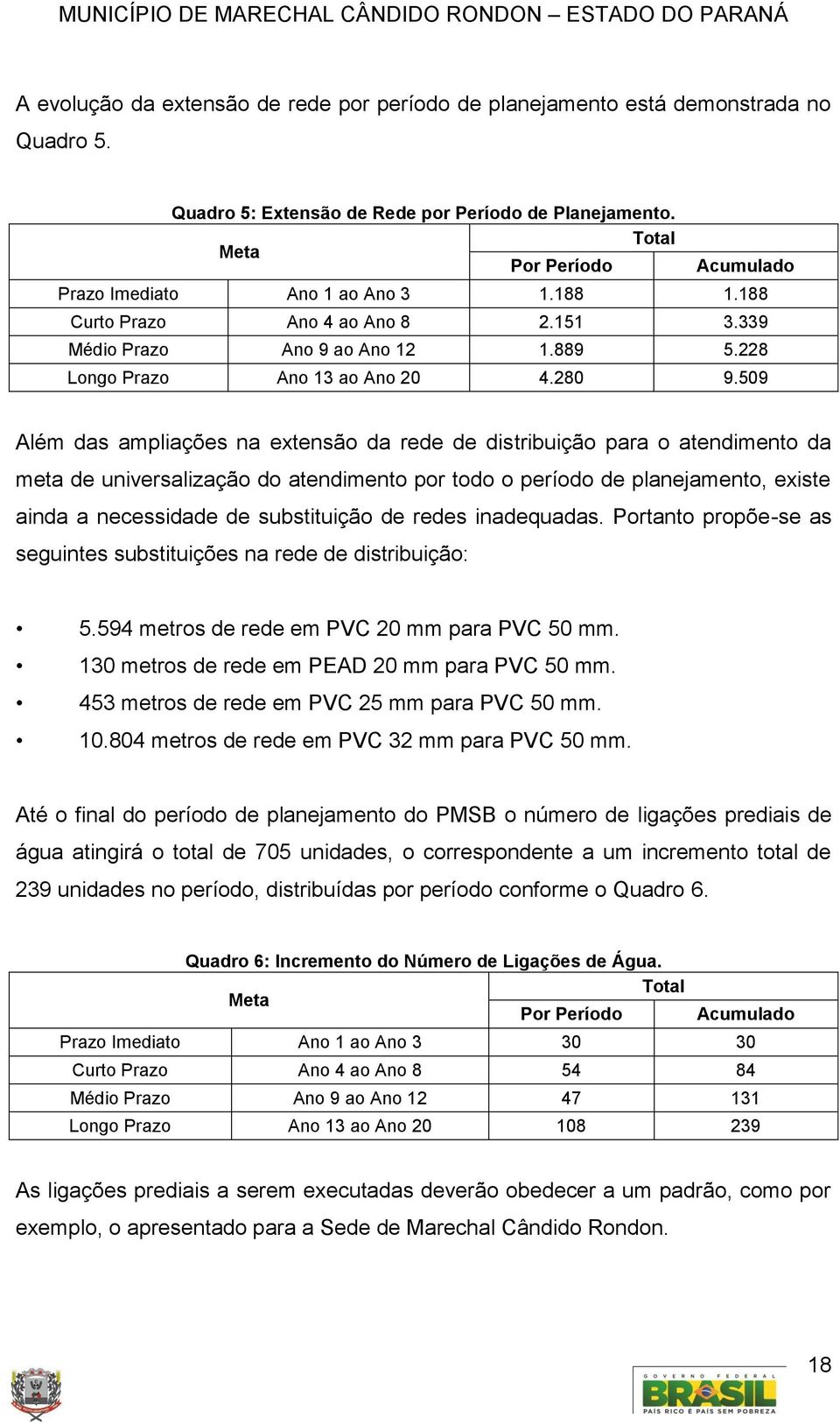 509 Além das ampliações na extensão da rede de distribuição para o atendimento da meta de universalização do atendimento por todo o período de planejamento, existe ainda a necessidade de substituição