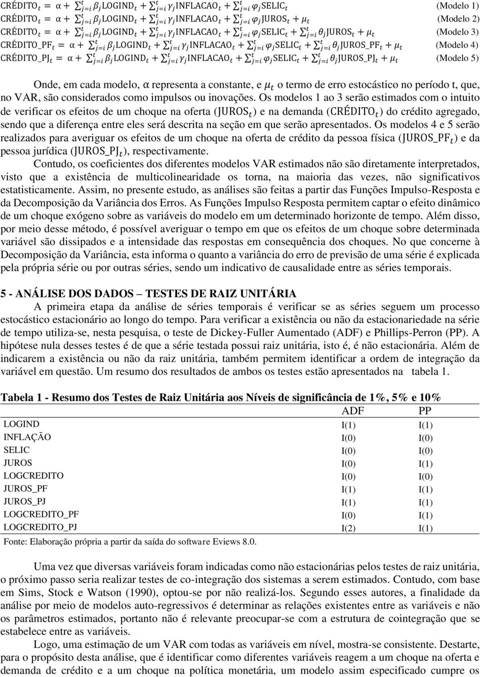 INFLACAO + j=i φ j SELIC + j=i θ j JUROS_PJ + μ (Modelo 5) Onde, em cada modelo, α represena a consane, e μ o ermo de erro esocásico no período, que, no VAR, são considerados como impulsos ou