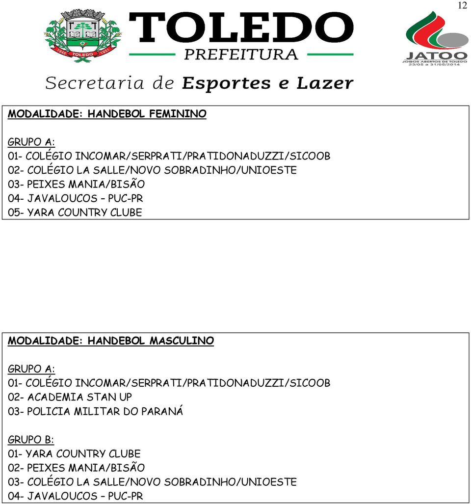 MASCULINO 01- COLÉGIO INCOMAR/SERPRATI/PRATIDONADUZZI/SICOOB 02- ACADEMIA STAN UP 03- POLICIA MILITAR DO