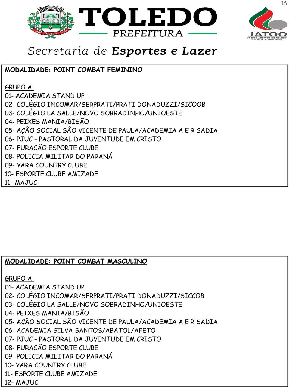 MODALIDADE: POINT COMBAT MASCULINO 01- ACADEMIA STAND UP 02- COLÉGIO INCOMAR/SERPRATI/PRATI DONADUZZI/SICCOB 03- COLÉGIO LA SALLE/NOVO SOBRADINHO/UNIOESTE 04- PEIXES MANIA/BISÃO 05- AÇÃO SOCIAL SÃO