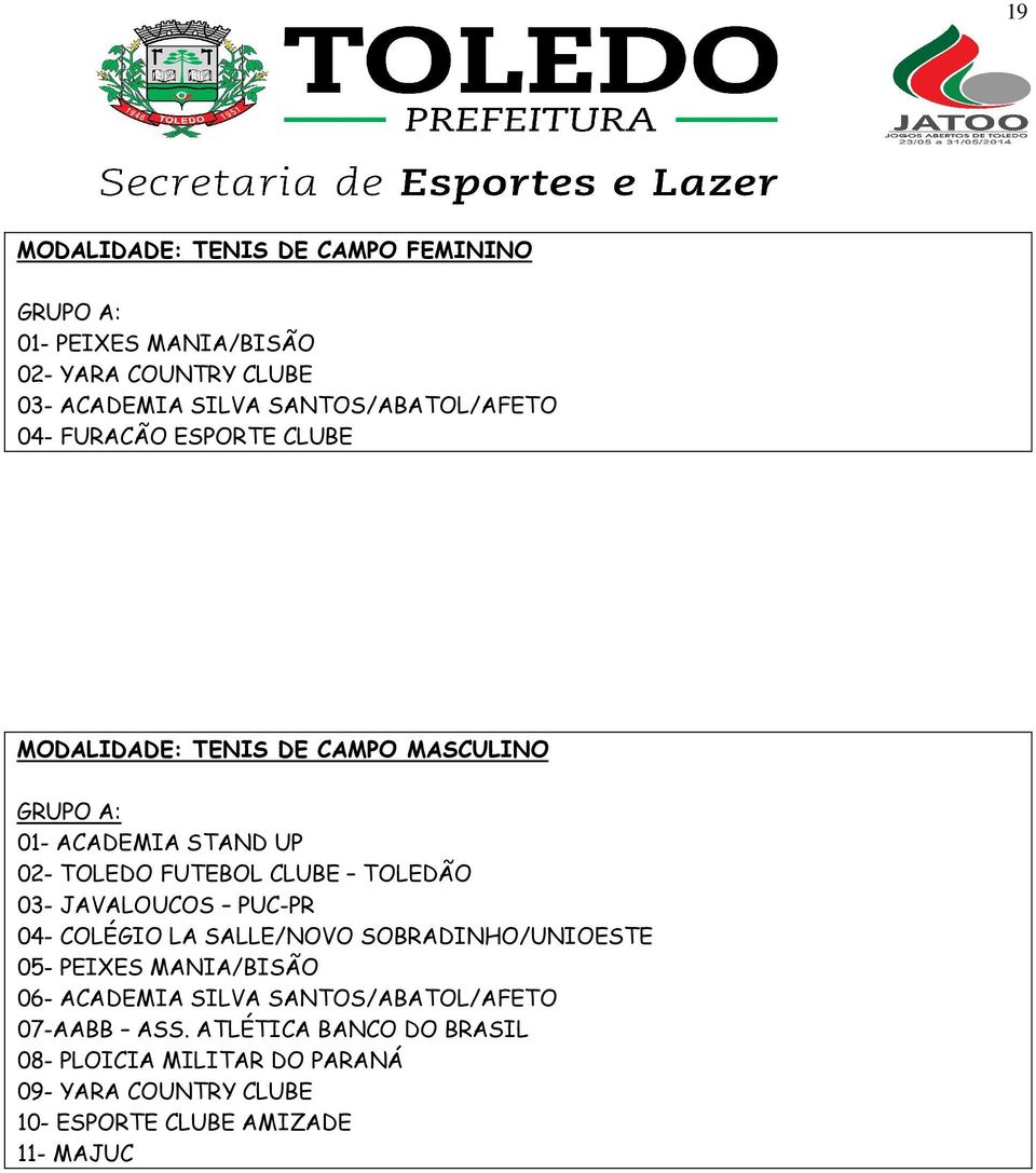 JAVALOUCOS PUC-PR 04- COLÉGIO LA SALLE/NOVO SOBRADINHO/UNIOESTE 05- PEIXES MANIA/BISÃO 06- ACADEMIA SILVA