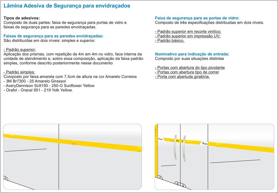 - Padrão superior: Aplicação dos prismas, com repetição de m em m no vidro, face interna da unidade de atendimento e, sobre essa composição, aplicação da faixa padrão simples, conforme descrito