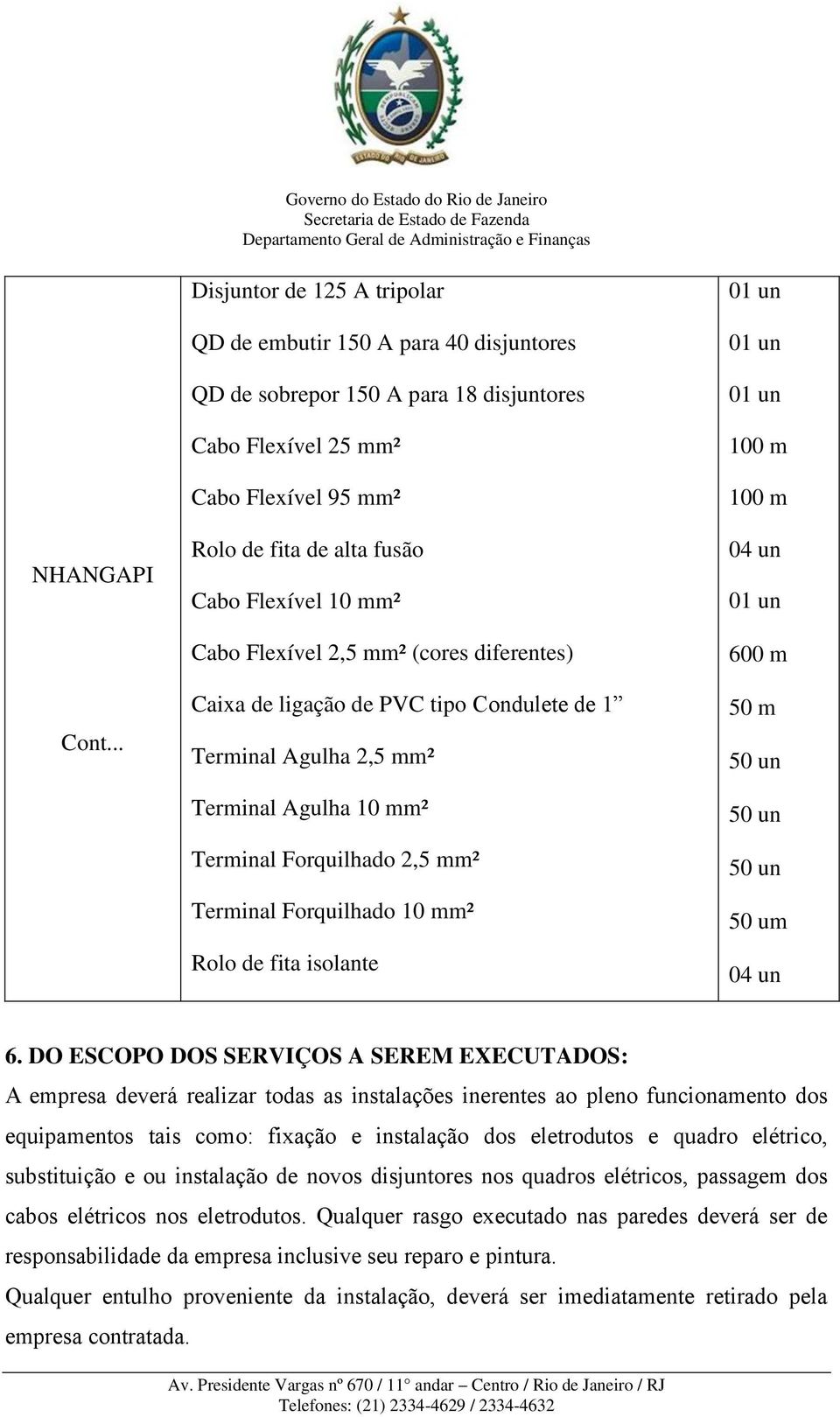 mm² Cabo Flexível 2,5 mm² (cores diferentes) Caixa de ligação de PVC tipo Condulete de 1 Terminal Agulha 2,5 mm² Terminal Agulha 10 mm² Terminal Forquilhado 2,5 mm² Terminal Forquilhado 10 mm² Rolo