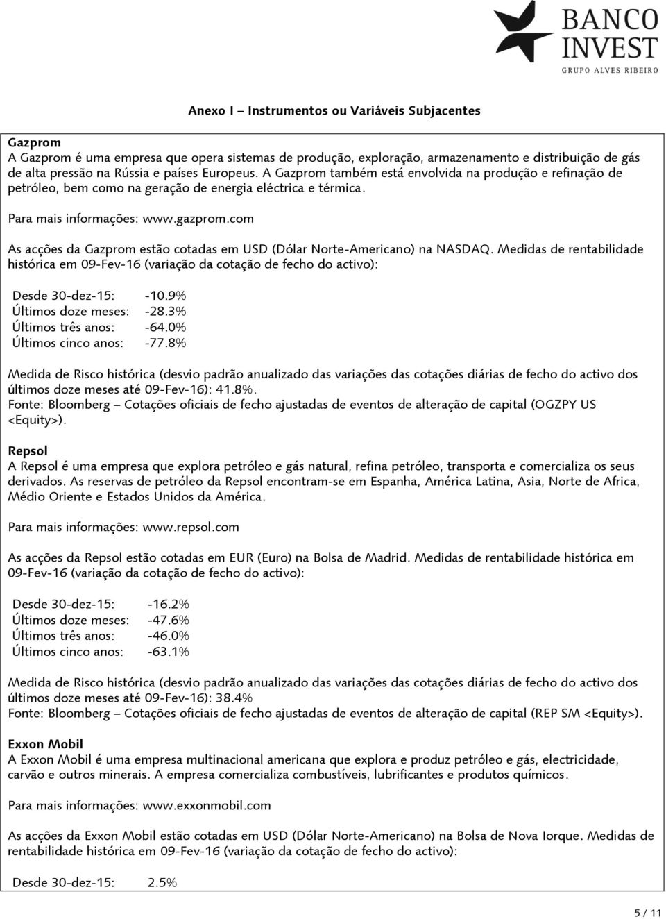 com As acções da Gazprom estão cotadas em USD (Dólar Norte-Americano) na NASDAQ. Medidas de rentabilidade histórica em 09-Fev-16 (variação da cotação de fecho do activo): Desde 30-dez-15: -10.