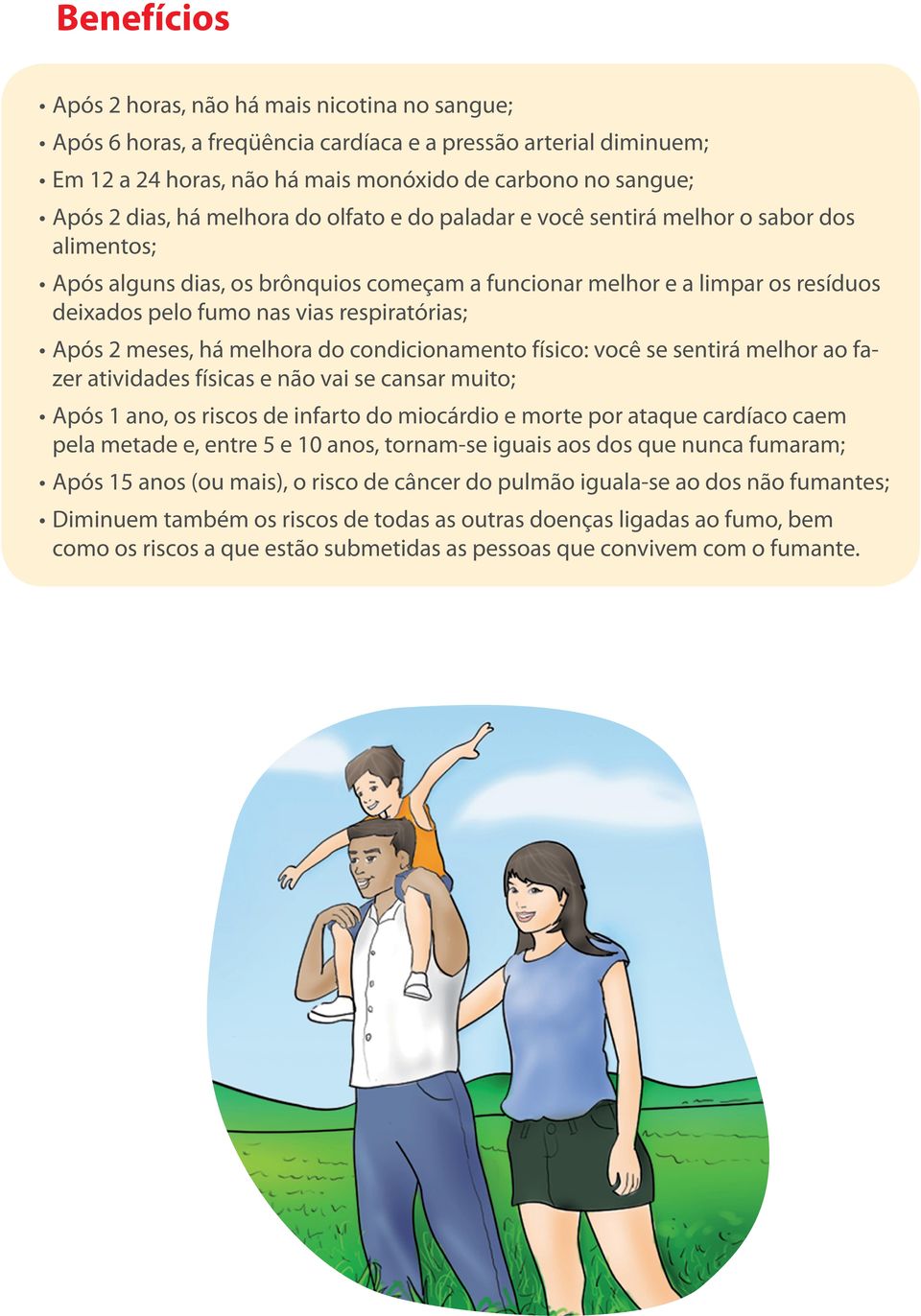 respiratórias; Após 2 meses, há melhora do condicionamento físico: você se sentirá melhor ao fazer atividades físicas e não vai se cansar muito; Após 1 ano, os riscos de infarto do miocárdio e morte