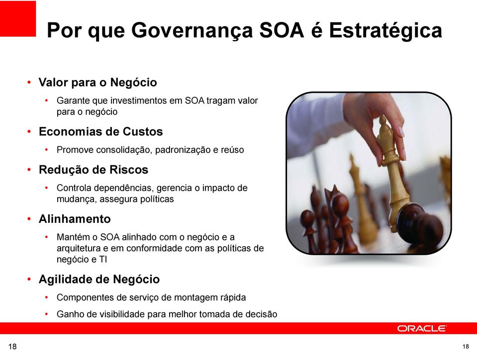 mudança, assegura políticas Alinhamento Mantém o SOA alinhado com o negócio e a arquitetura e em conformidade com as políticas