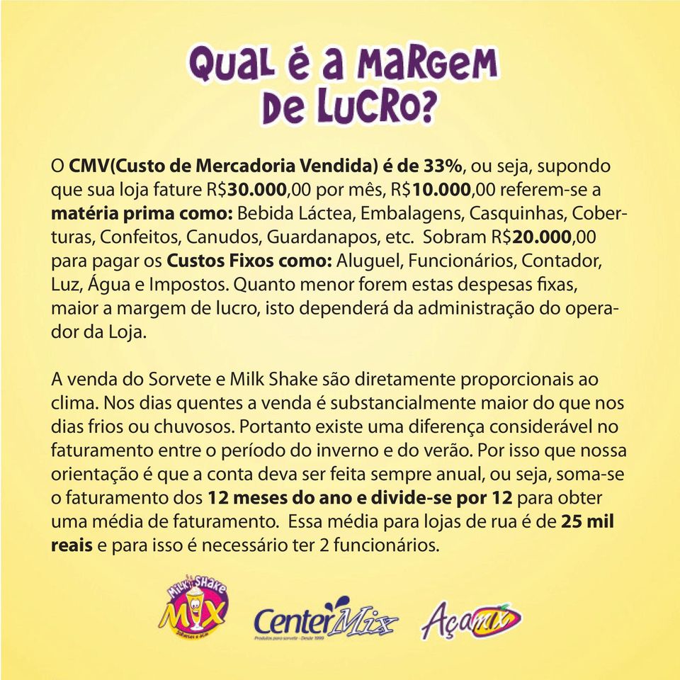 000,00 para pagar os Custos Fixos como: Aluguel, Funcionários, Contador, Luz, Água e Impostos.