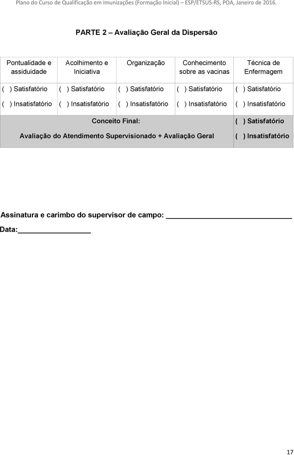 Insatisfatório ( ) Insatisfatório ( ) Insatisfatório ( ) Insatisfatório ( ) Insatisfatório Conceito Final: Avaliação do