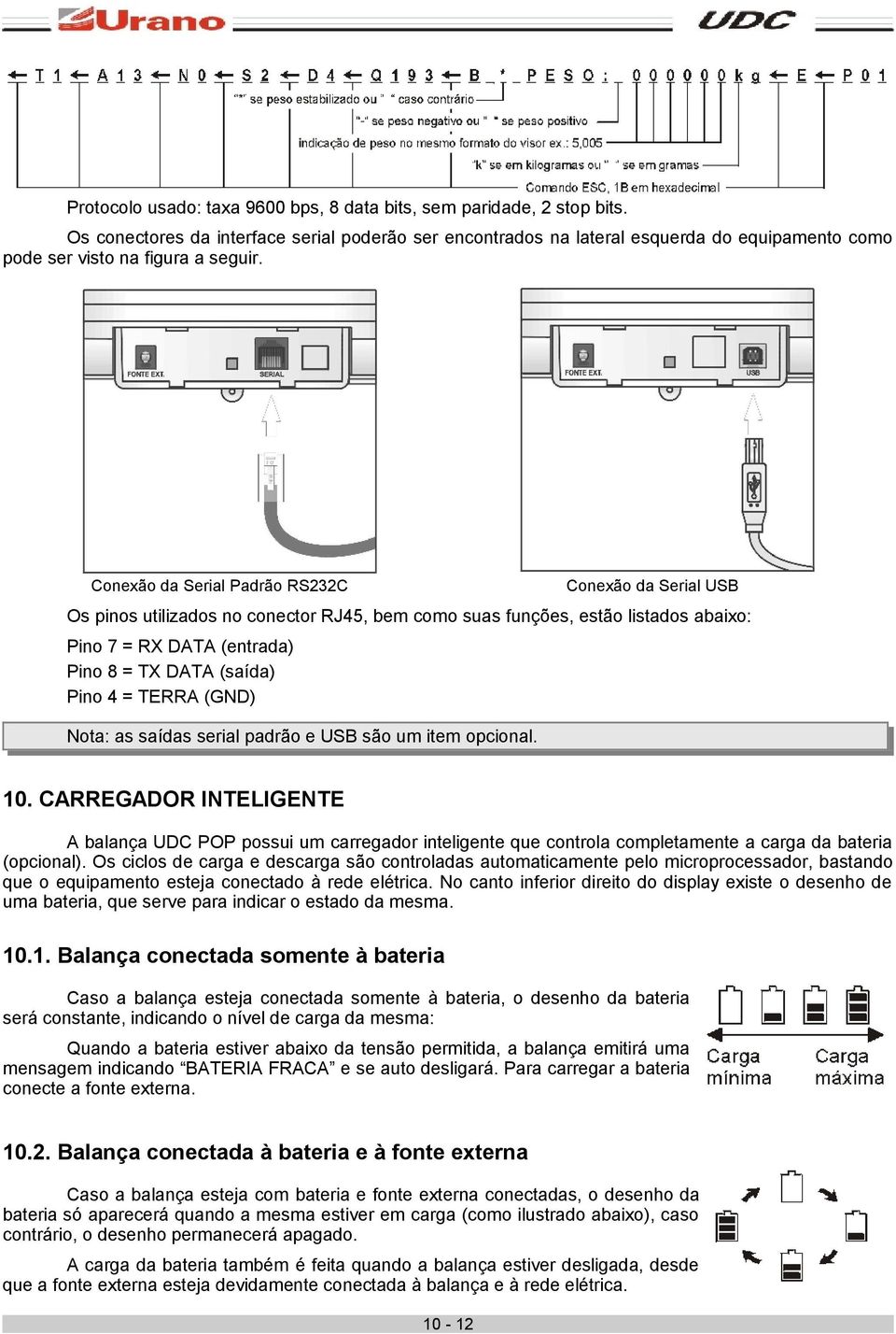 Conexão da Serial Padrão RS232C Conexão da Serial USB Os pinos utilizados no conector RJ45, bem como suas funções, estão listados abaixo: Pino 7 = RX DATA (entrada) Pino 8 = TX DATA (saída) Pino 4 =