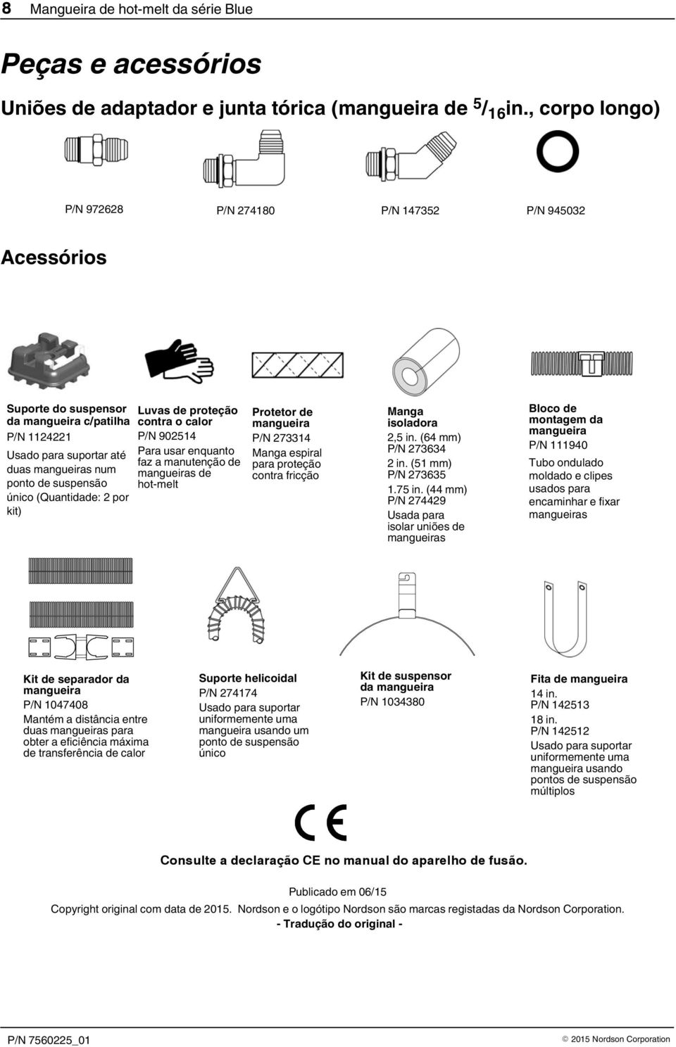 (Quantidade: 2 por kit) Luvas de proteção contra o calor P/N 902514 Para usar enquanto faz a manutenção de mangueiras de hot-melt Protetor de mangueira P/N 273314 Manga espiral para proteção contra