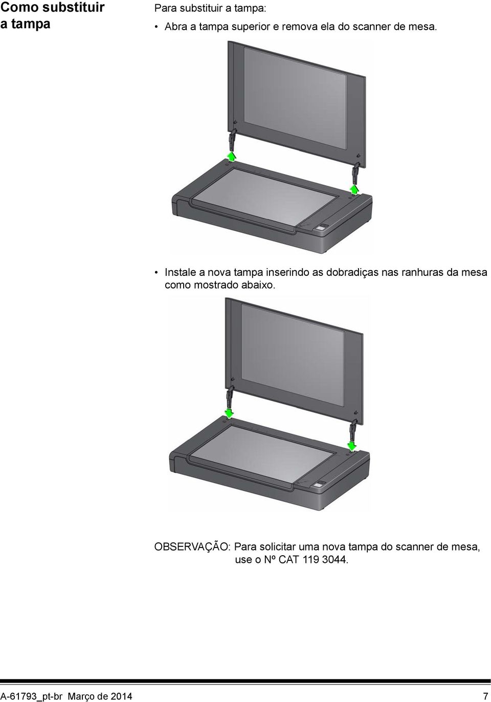 Instale a nova tampa inserindo as dobradiças nas ranhuras da mesa como