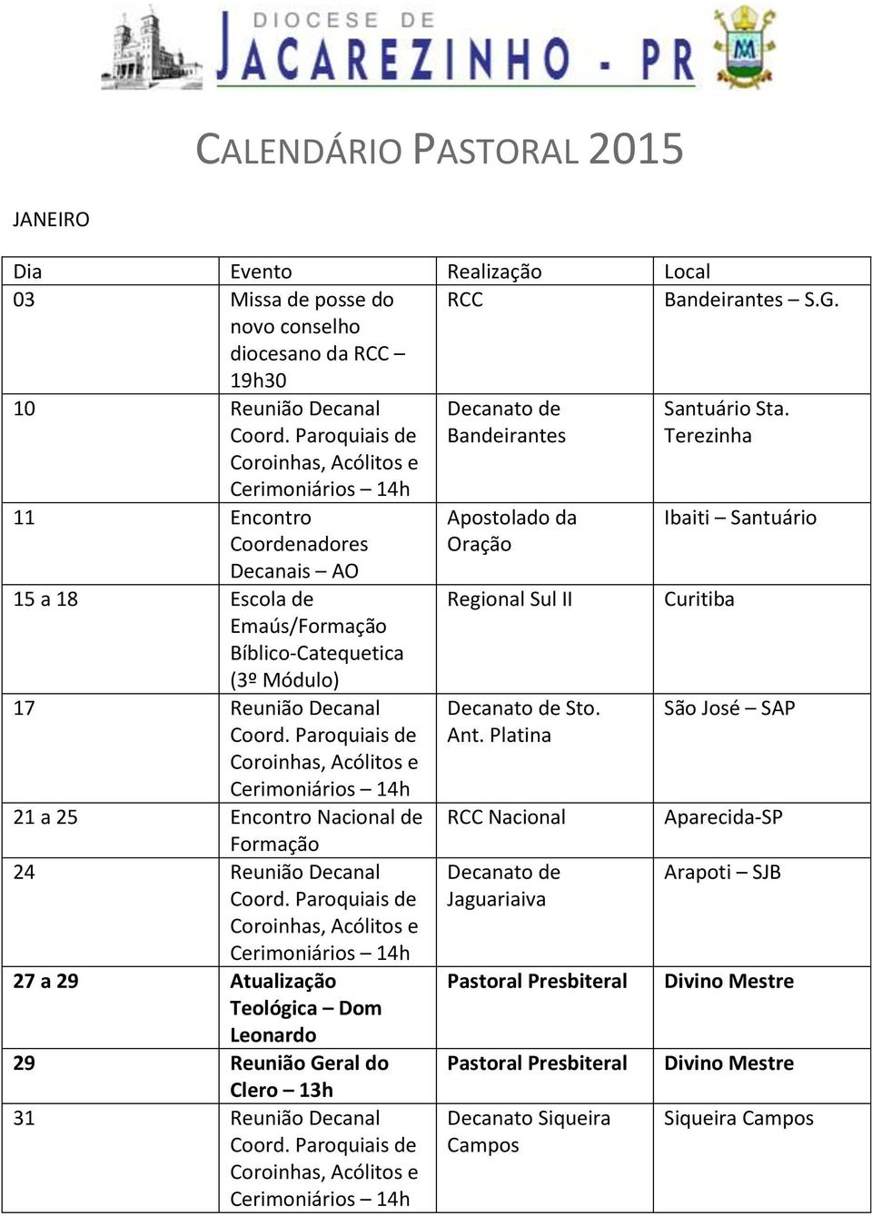 Paroquiais de Coroinhas, Acólitos e Cerimoniários 14h 21 a 25 Encontro Nacional de Formação 24 Reunião Decanal Coord.