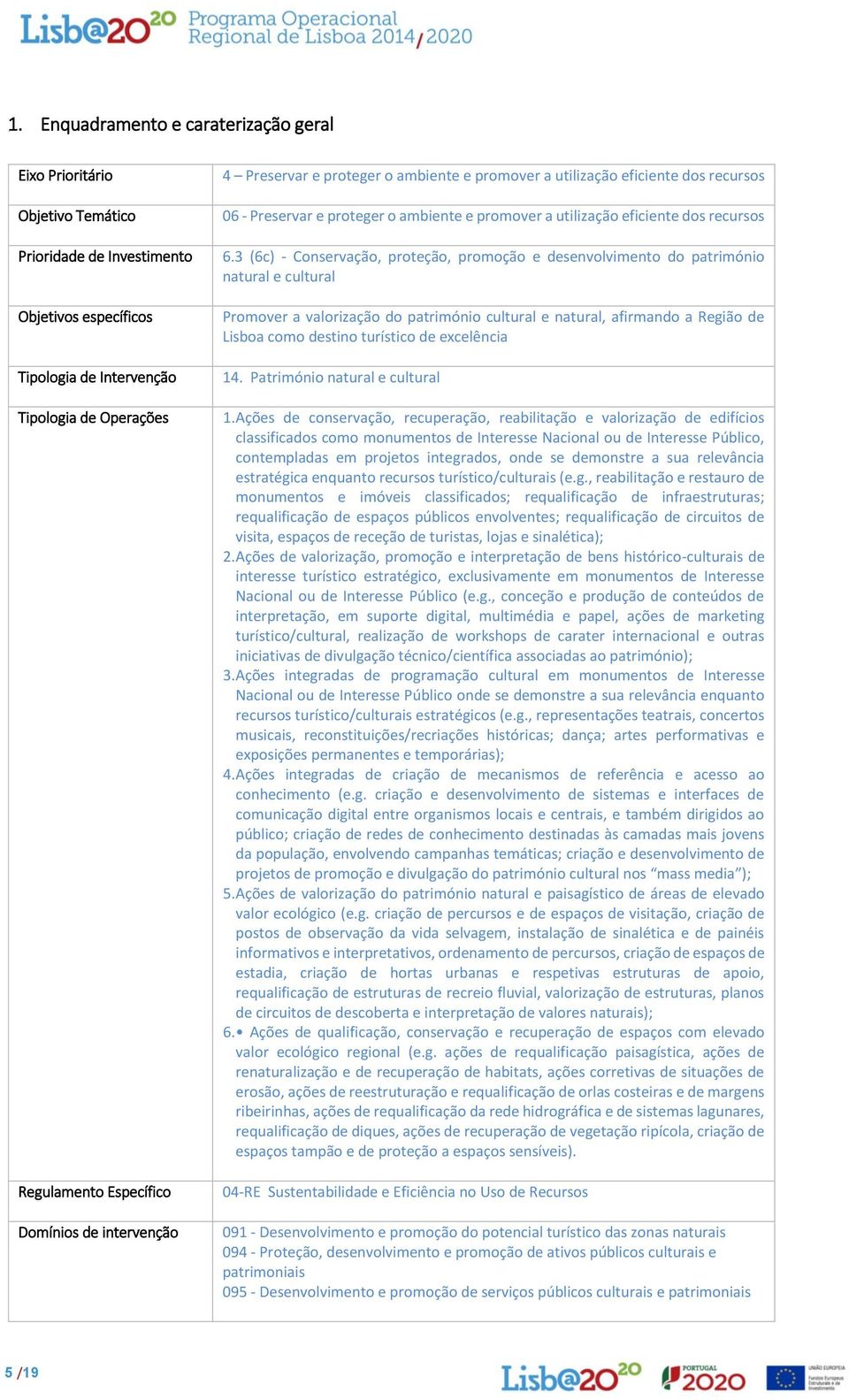 3 (6c) - Conservação, proteção, promoção e desenvolvimento do património natural e cultural Promover a valorização do património cultural e natural, afirmando a Região de Lisboa como destino