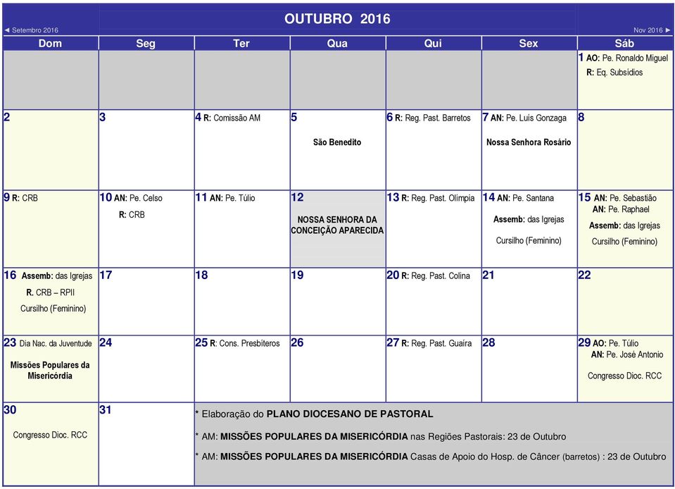 Santana Assemb: das Igrejas Cursilho (Feminino) 15 AN: Pe. Sebastião AN: Pe. Raphael Assemb: das Igrejas Cursilho (Feminino) 16 Assemb: das Igrejas R. CRB RPII Cursilho (Feminino) 17 18 19 20 R: Reg.