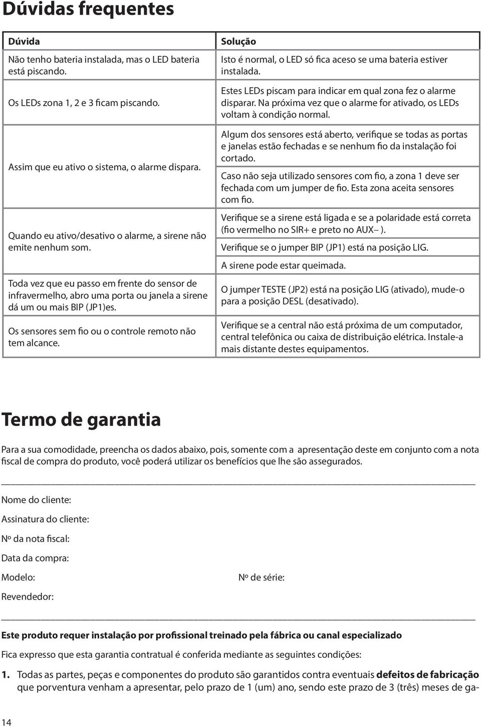 Os sensores sem fio ou o controle remoto não tem alcance. Solução Isto é normal, o LED só fica aceso se uma bateria estiver instalada.