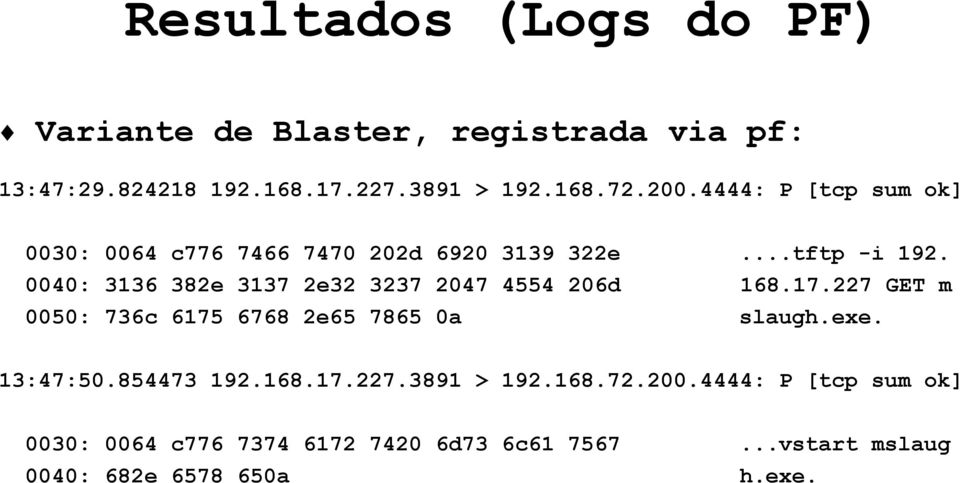 0040: 3136 382e 3137 2e32 3237 2047 4554 206d 168.17.227 GET m 0050: 736c 6175 6768 2e65 7865 0a slaugh.exe. 13:47:50.