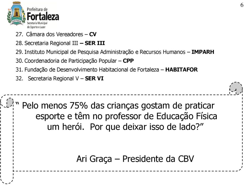 Coordenadoria de Participação Popular CPP 31. Fundação de Desenvolvimento Habitacional de Fortaleza HABITAFOR 32.