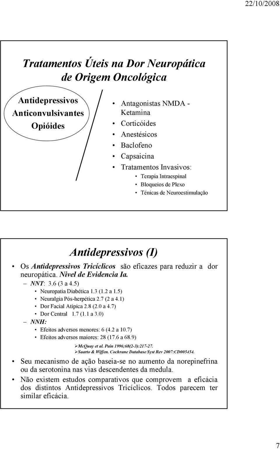 NNT: 3.6 (3 a 4.5) Neuropatia Diabética 1.3 (1.2 a 1.5) Neuralgia Pós-herpética 2.7 (2 a 4.1) Dor Facial Atípica 2.8 (2.0 a 4.7) Dor Central 1.7 (1.1 a 3.0) NNH: Efeitos adversos menores: 6 (4.2 a 10.