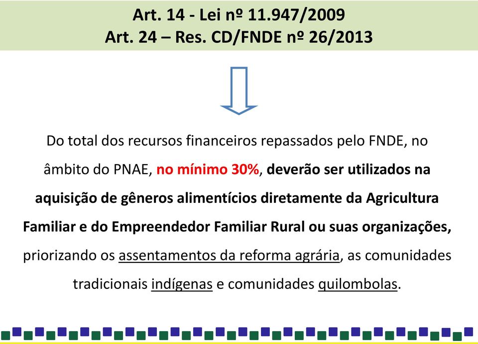 30%, deverão ser utilizados na aquisição de gêneros alimentícios diretamente da Agricultura Familiar e