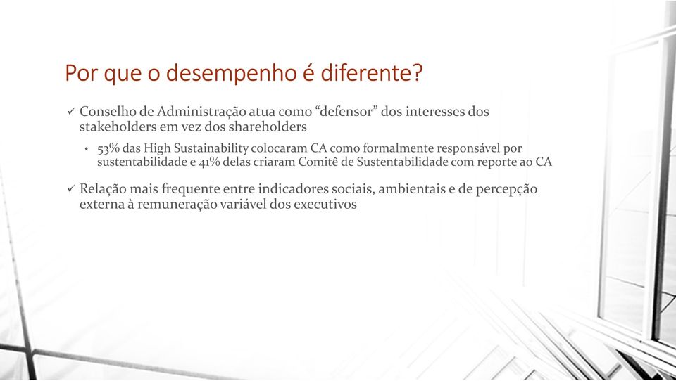 53% das High Sustainability colocaram CA como formalmente responsável por sustentabilidade e 41% delas