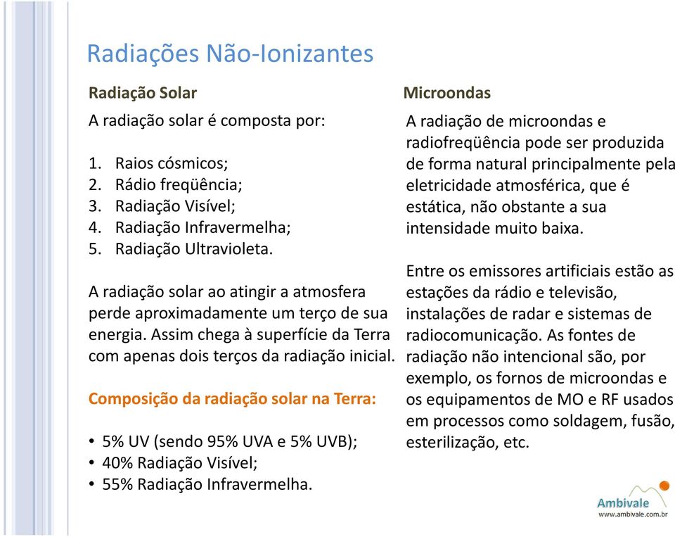 Composição da radiação solar na Terra: 5% UV (sendo 95% UVA e 5% UVB); 40% Radiação Visível; 55% Radiação Infravermelha.