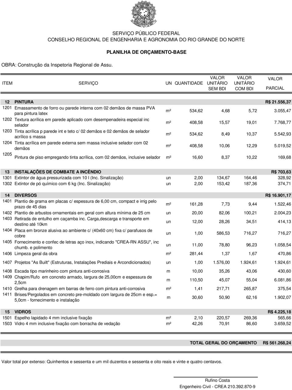 768,77 1203 Tinta acrílica p parede int e teto c/ 02 demãos e 02 demãos de selador acrílico s massa m² 534,62 8,49 10,37 5.