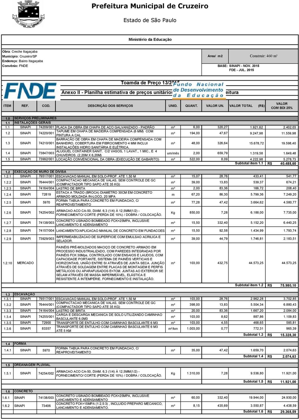 VALOR TOTAL () VALOR COM BDI 25% 1.0 1.1 SERVIÇOS PRELIMINARES INSTALAÇÕES GERAIS 1.1 SINAPI 74209/001 PLACA DA OBRA EM CHAPA DE AÇO GALVANIZADO - PADRÃO m² 6,00 320,27 1.921,62 2.402,03 1.