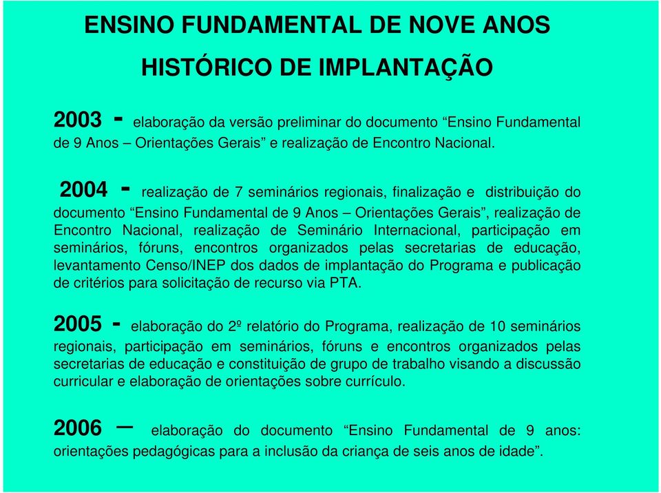 Internacional, participação em seminários, fóruns, encontros organizados pelas secretarias de educação, levantamento Censo/INEP dos dados de implantação do Programa e publicação de critérios para