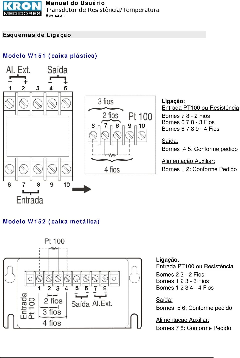 Modelo W152 (caixa metálica) Ligação: Entrada PT100 ou Resistência Bornes 2 3-2 Fios Bornes 1 2 3-3 Fios Bornes 1 2 3