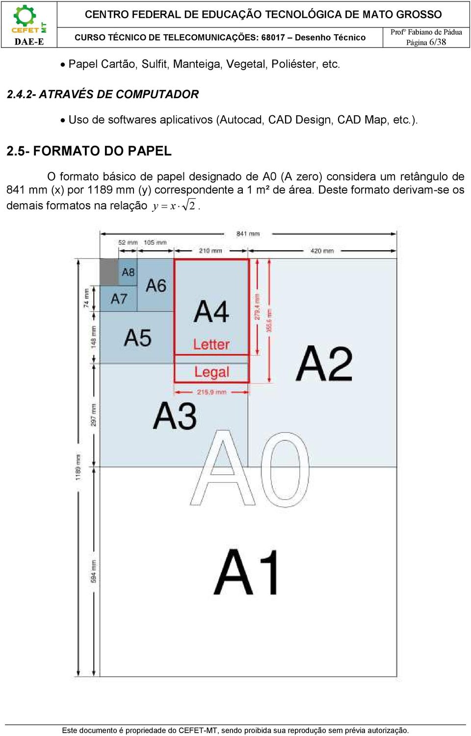5- FORMATO DO PAPEL O formato básico de papel designado de A0 (A zero) considera um retângulo