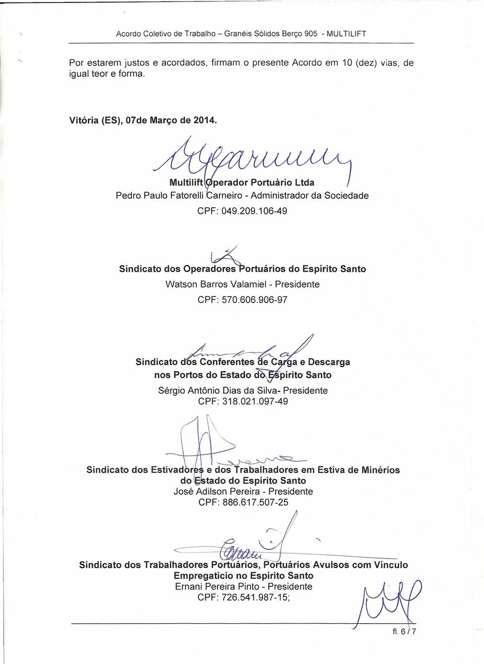 106-49 Sindicato dos opera~ortuários do Espirito Santo Watson Barros Valamiel - Presidente CPF: 570.