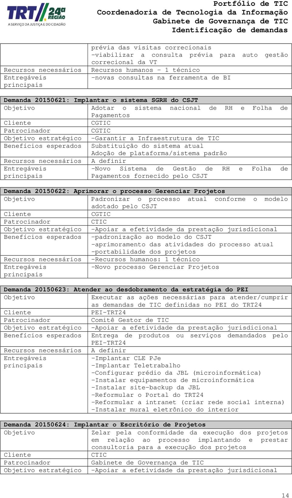 esperados Substituição do sistema atual Adoção de plataforma/sistema padrão Recursos necessários A definir -Novo Sistema de Gestão de RH e Folha de Pagamentos fornecido pelo CSJT Demanda 20150622: