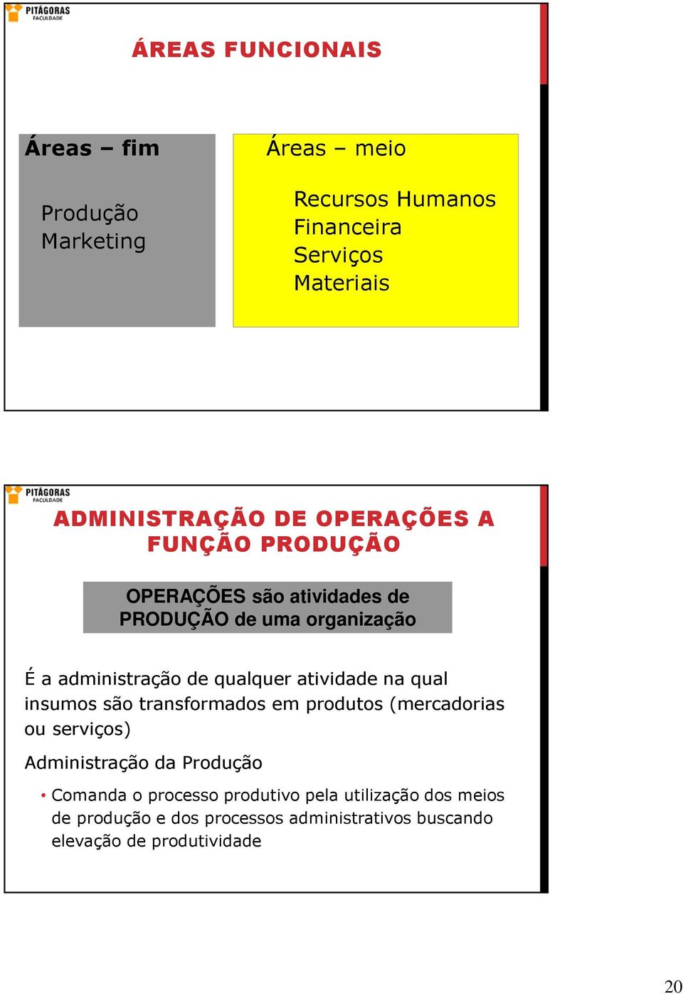 atividade na qual insumos são transformados em produtos (mercadorias ou serviços) Administração da Produção Comanda o