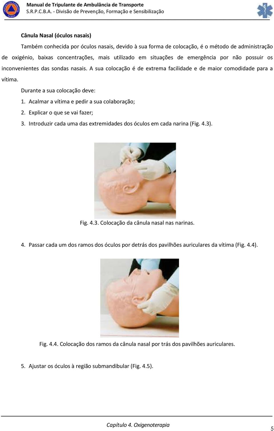 Acalmar a vítima e pedir a sua colaboração; 2. Explicar o que se vai fazer; 3. Introduzir cada uma das extremidades dos óculos em cada narina (Fig. 4.3). Fig. 4.3. Colocação da cânula nasal nas narinas.