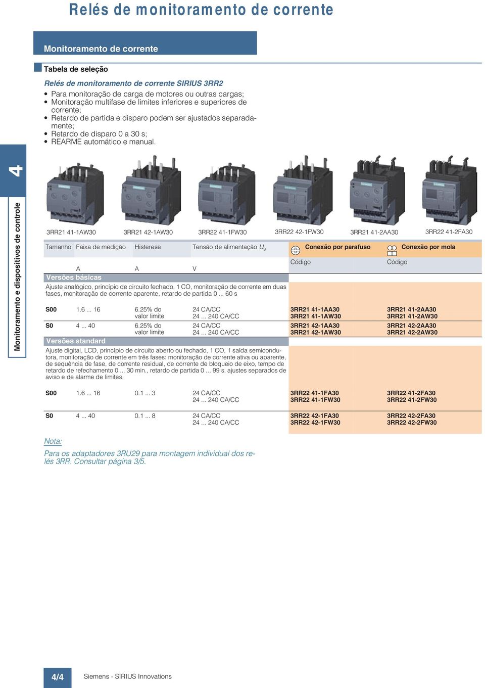 3RR21 1-1AW30 3RR21 2-1AW30 3RR22 1-1FW30 3RR22 2-1FW30 3RR21 1-2AA30 3RR22 1-2FA30 Tamanho Faixa medição Histerese Tensão alimentação U s Conexão por parafuso Conexão por mola Código A A V Versões