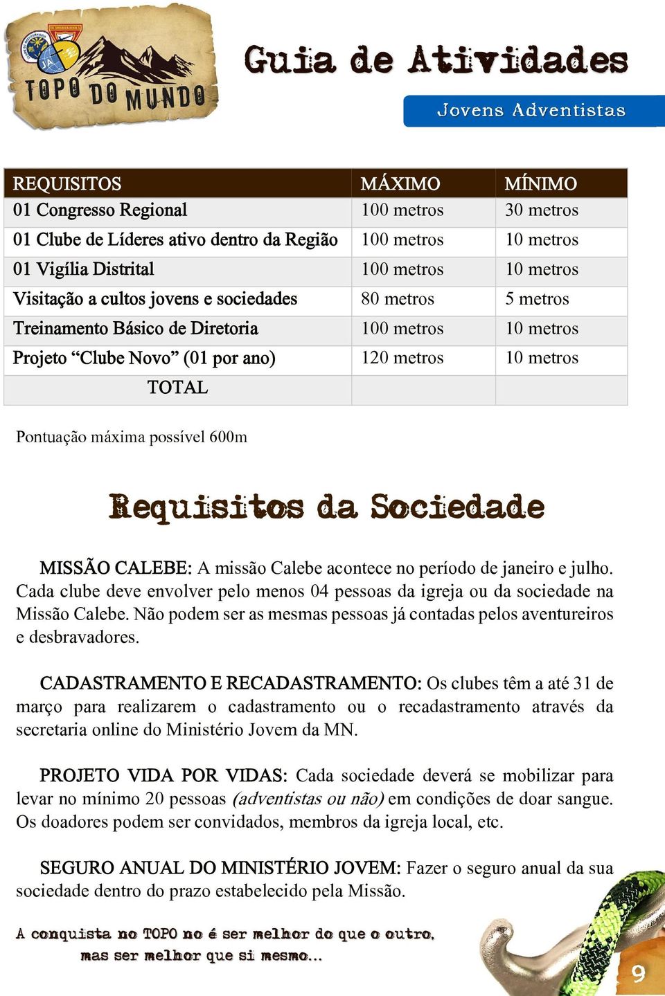 600m Requisitos da Sociedade MISSÃO CALEBE: A missão Calebe acontece no período de janeiro e julho. Cada clube deve envolver pelo menos 04 pessoas da igreja ou da sociedade na Missão Calebe.